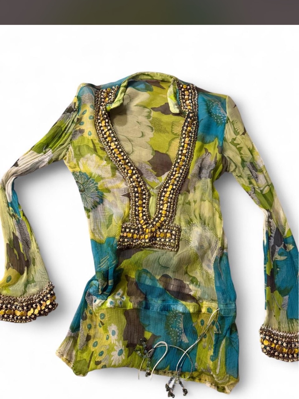 Monique Leshman Beaded V-Neck Floral Tunic in Green and Teal